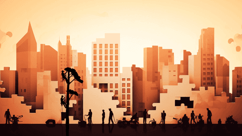 Kuvituskuvassa on kaupunkinäkymä ja kiinteistöpalvelualan työntekijöitä töissään.